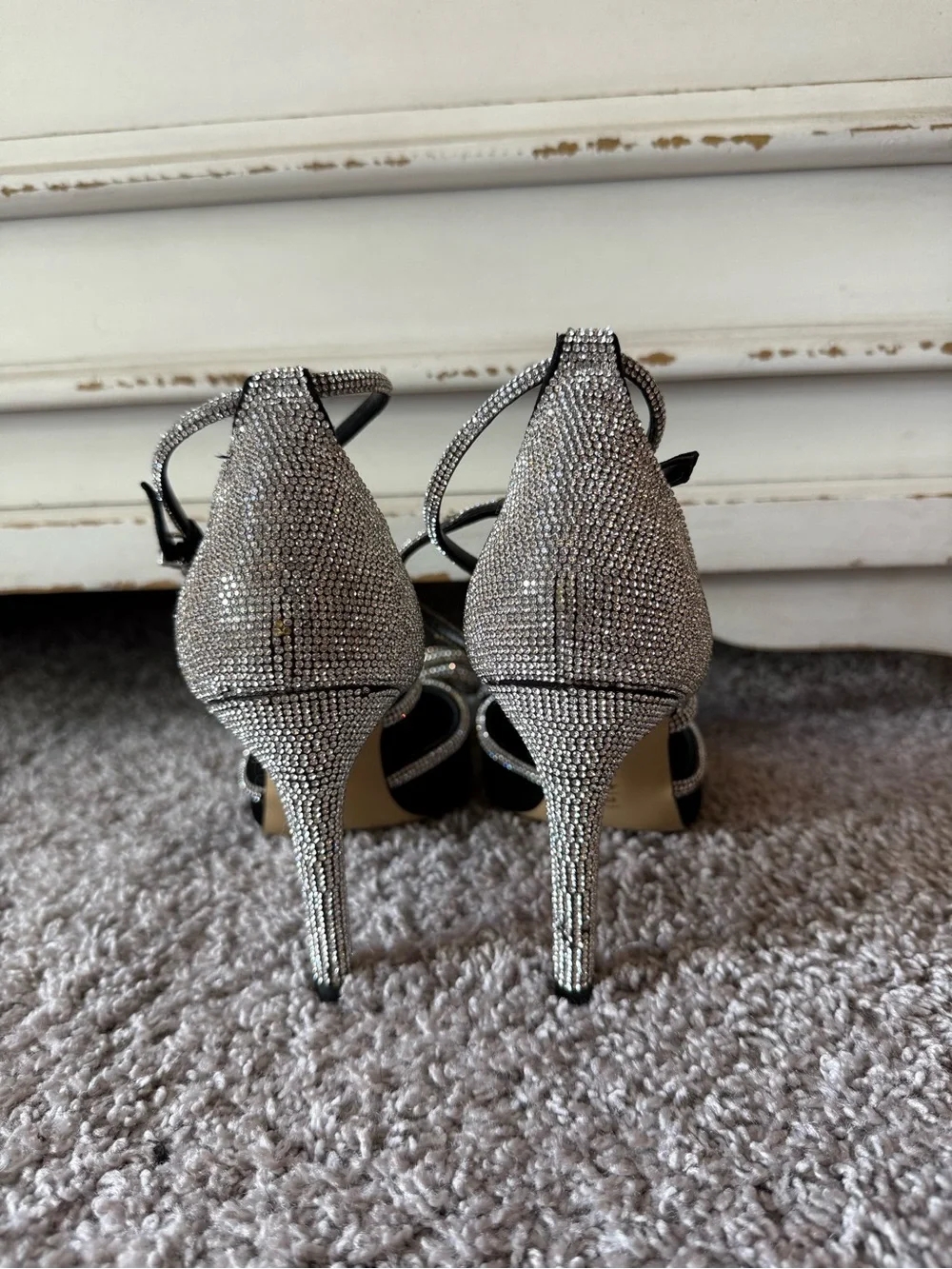 Gianni Bini Black Pointed Toe Heels with Silver Crystal Bow Straps